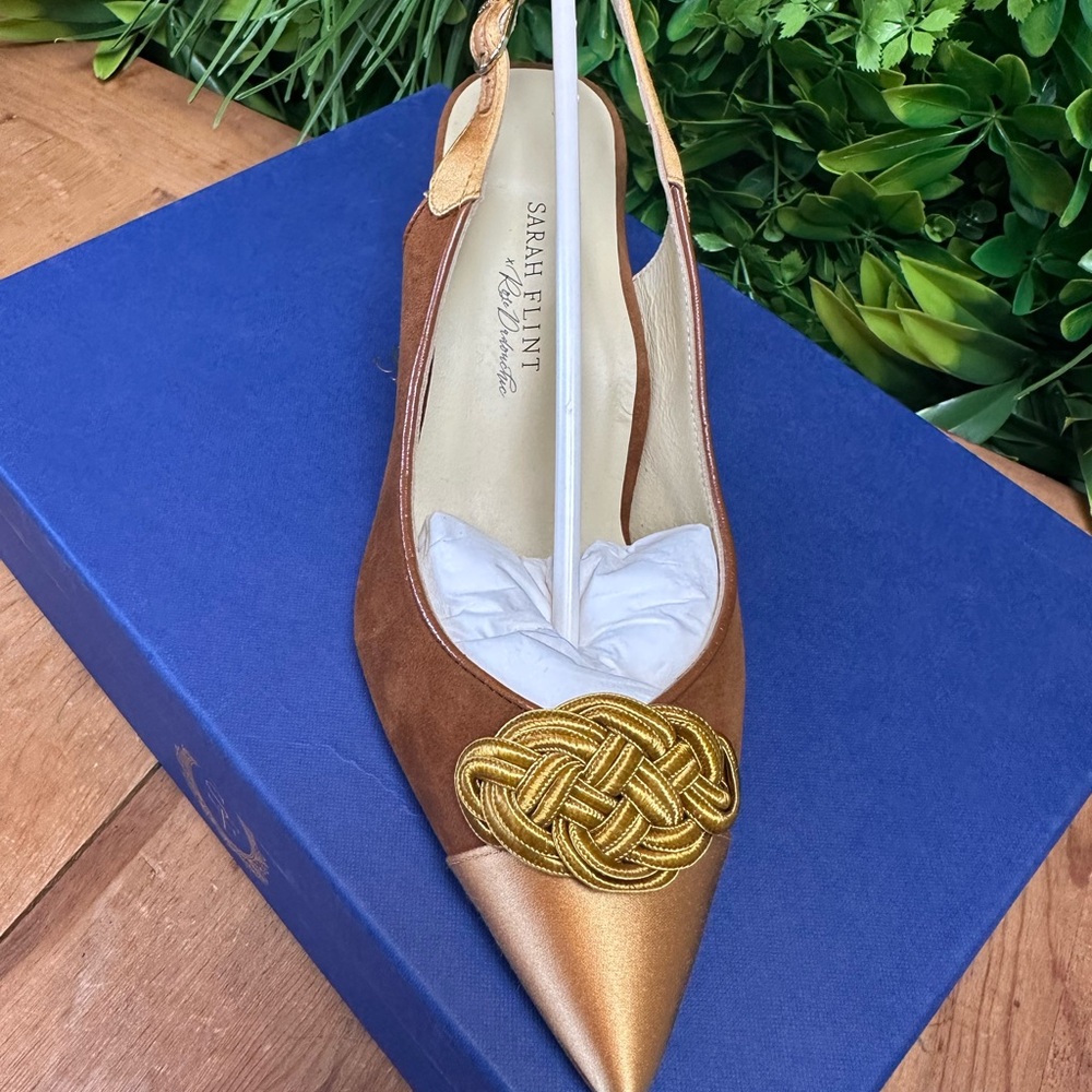 Sarah Flint Rose’s Parker Sling Amber suede and satin brown gold